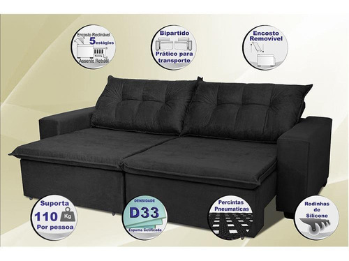 Sofá Austrália 2,12 Mts Retrátil, Reclinável Com Molas e Pillow no Assento Tecido Suede Preto Cama InBox