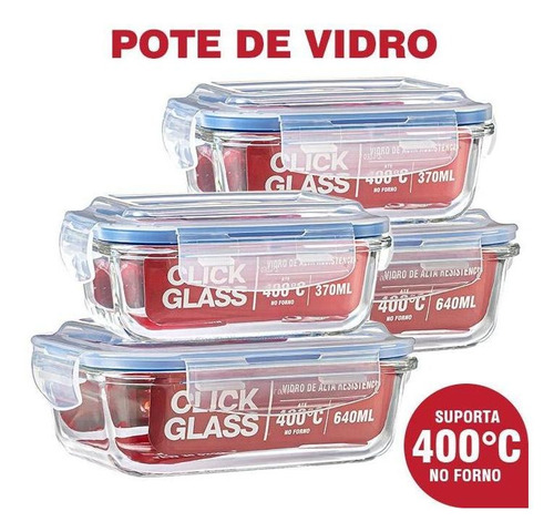 Kit Com 4 Potes De Vidro Click Glass Premium 100% Herméticos
