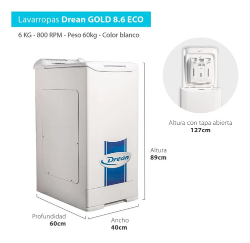 Imagen 4 de 10 de Lavarropas Automatico Drean Gold Blue 8.6 Eco 6 Kilos 800rpm