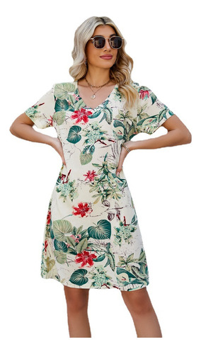 Vestido Corto De Playa Floral Vintage Con Escote Redondo