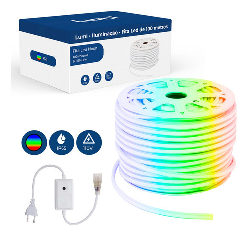 Mangueira Fita Led Neon Flex 100m Conector Tomada Brilho Decorativos Cor Da Luz Colorido Rgb Lumi 1ª Linha