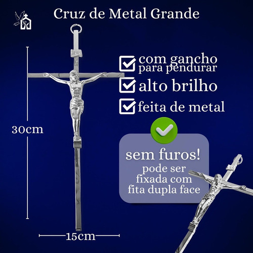 Crucifixo Parede Moderno Cruz Metal Prata Alto Brilho 30cm