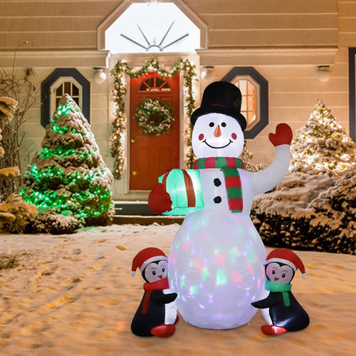 Muñeco De Nieve Inflable Navideño Con Luces + 2 Pingüinos