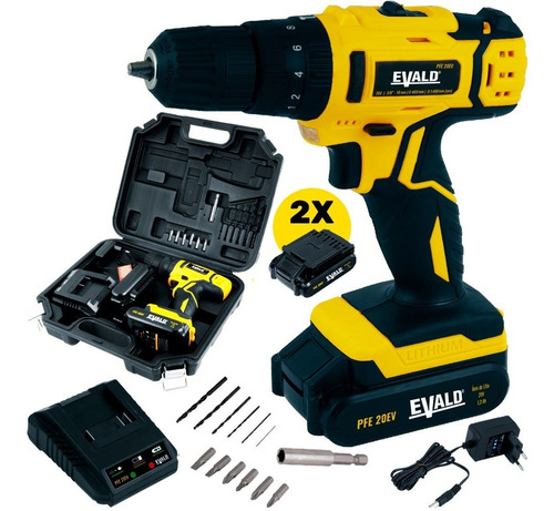 Parafusadeira Furadeira Impacto 20v Pfe20ev Maleta Kit Evald PFE-20EV Cor Amarelo Frequência 60 hertz 110V/220V