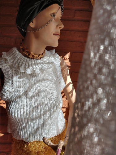 Remera Top Tejida Artesanal Algodon/saten Blanco Peterpan