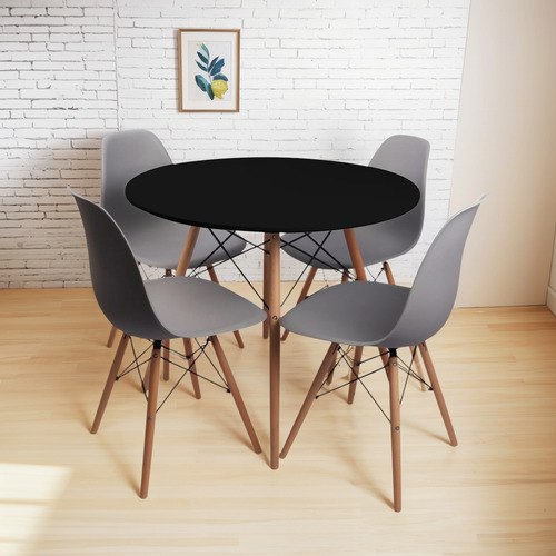 Juego Comedor Mesa Eames Redonda Negra 100cm 4 Sillas Eames