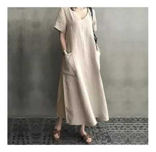 Vestido De Verano De Algodón Holgado Con Cuello En V
