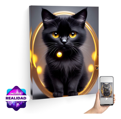 Cuadro De Tierno Gato Negro Con Dorado Art Canvas- 100 X 70