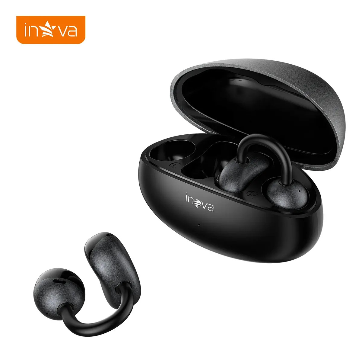 Fone de Ouvido Clip Open Ear TWS FON-13025E Preto Bluetooth 6.0 IPX7 à Prova D'Água Até 72h para Android e iPhone