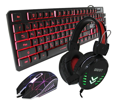 Kit Gamer Dust 3 Em 1 Teclado Abnt Headphone E Mouse Cor do teclado RGB
