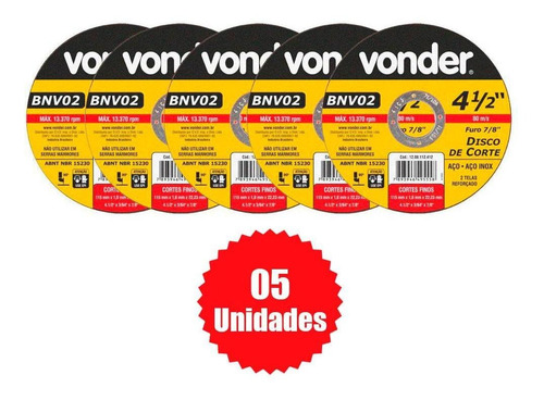 Kit Com 05 Unidades De Disco De Corte Vonder 115mm - Bnv02