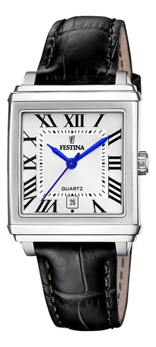 Reloj Festina On The Square Mujer Cuero Negro Azul F20682.3 Bisel Plateado Fondo Blanco