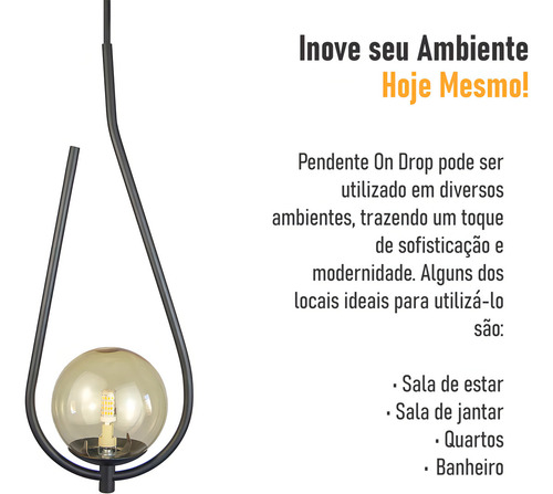 Lustre Pendente On Drop Com Globo De Vidro Estrutura Preto/ Vidro Âmbar 110v/220v