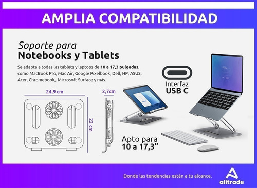 Imagen 6 de 10 de Soporte Notebook Tablet Aluminio Doble Ventilacion Regulable