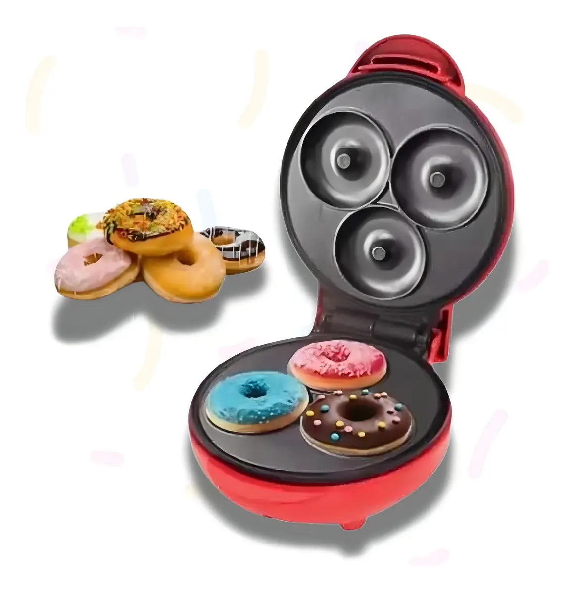 Mini Máquina de Donuts Elétrica 3 Rosquinhas Vermelha Antiaderente