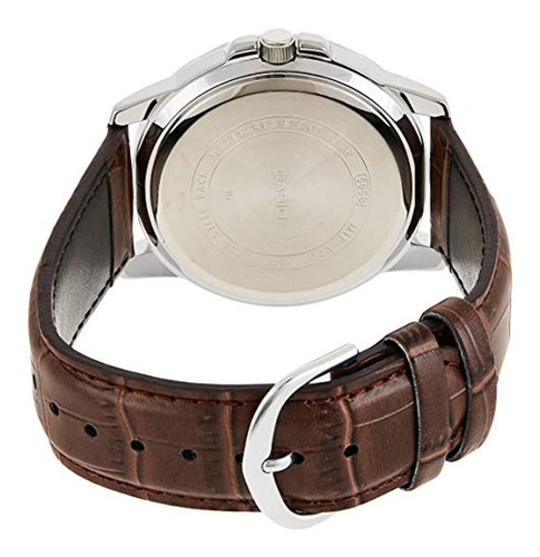 Imagen 2 de 4 de Reloj de pulsera Casio Dress MTP-VD01 de cuerpo color plateado, analógico, para hombre, fondo negro, con correa de cuero color marrón, agujas color gris, blanco y rojo, dial blanco y plateado, minutero/segundero gris, bisel color plateado y hebilla simple