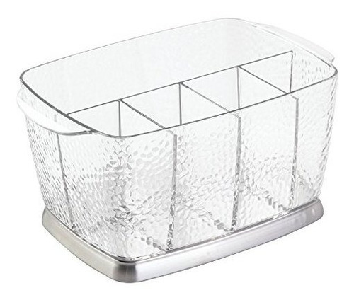 Cubertero en plástico y acero inoxidable InterDesign Rain Caja organizadora portátil para cubiertos y servilletas transparente y plateado 