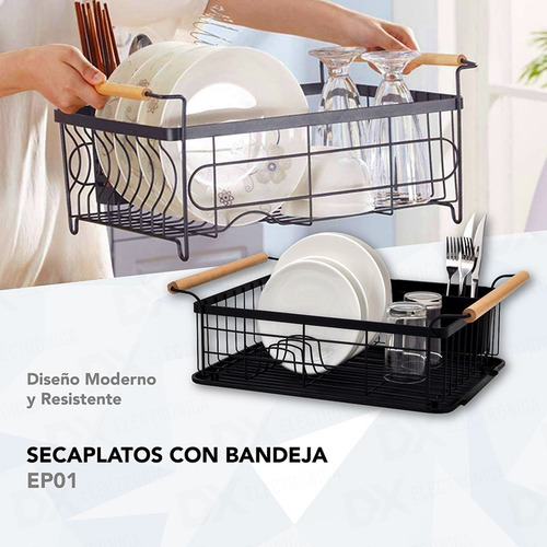 Imagen 2 de 10 de Seca Platos Escurridor Acero Negro Bandeja Cubiertos Y Vasos