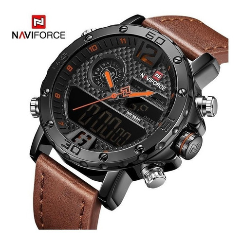 Relógios Masculinos Naviforce Nf9134 Em Couro Adultos Laranj