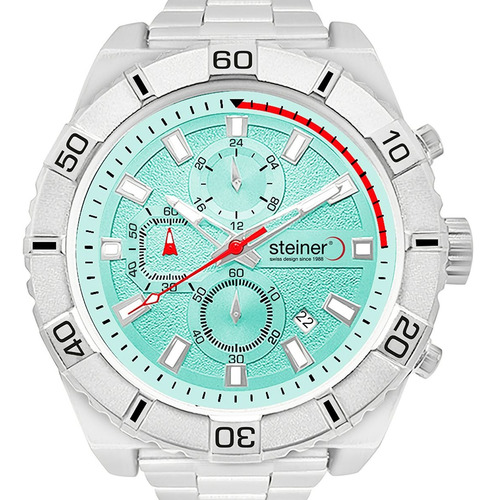 Reloj De Hombre Steiner Cronógrafo Y Fechador 3 Atm Plateado Fondo Azul claro
