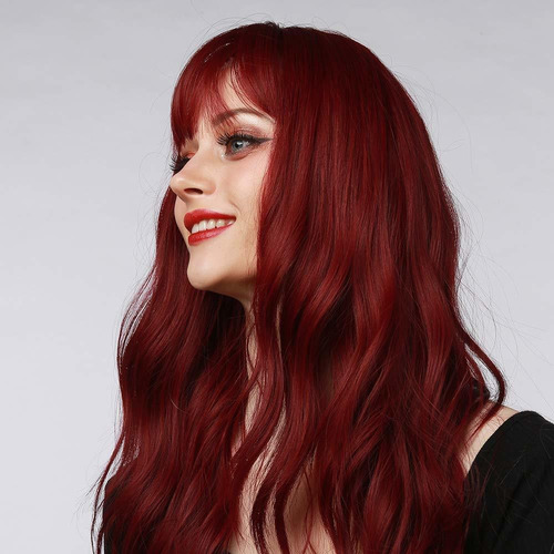 Peluca Rojo Vino Con Flequillo Para Mujer Pelucas Onda Larga