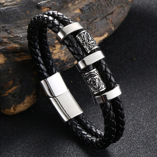 Pulsera De Cuero Trenzado Multicapa Para Hombre Nordic Vikin