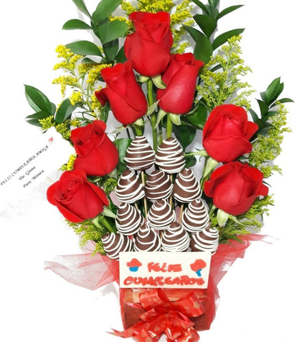 Arreglos Florales Ramo Rosas Fresas Chocolate Domicil Gratis