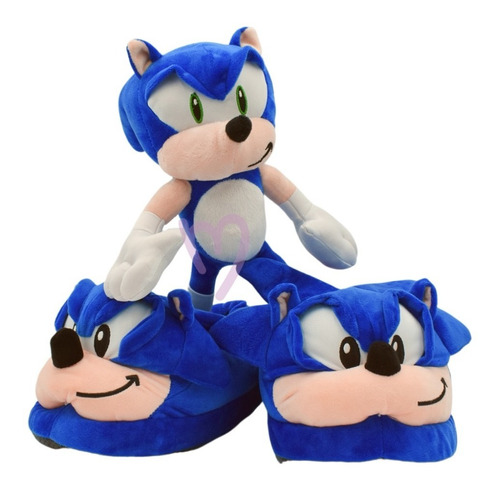 Pantuflas De Sonic Azules + Muñeco Peluche Niños Talla Chica