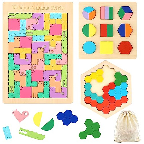 Set De Puzzles De Madera Niños, 3 Rompecabezas De Anim...