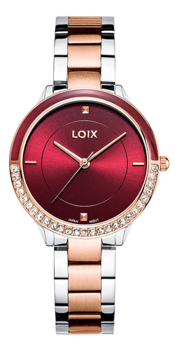 Reloj Loix Mujer L1185-3 Plateado Con Oro Rosa, Tablero Rojo