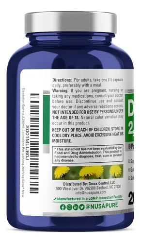 Extracto De Raíz De Diente De León Nusapure 2250 Mg 200 Cáps