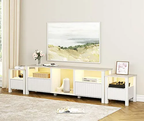 Mesa De Sala 3 Piezas Con Tv 75'', Estantes, 2 Mesas De Noch
