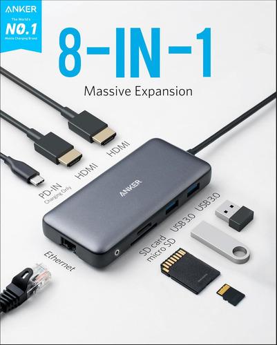 Anker Hub Adapter 8en1 Usb C Thunderbolt Red 4k 60hz Mac Win