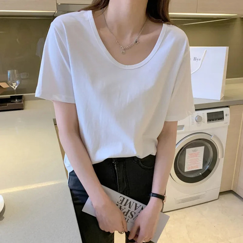 Camiseta Holgada Con Cuello En U Para Mujer De Manga Corta D