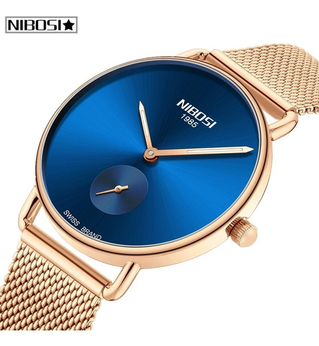 Relógio Feminino Nibosi Rosé/azul Luxo A Prova D Água