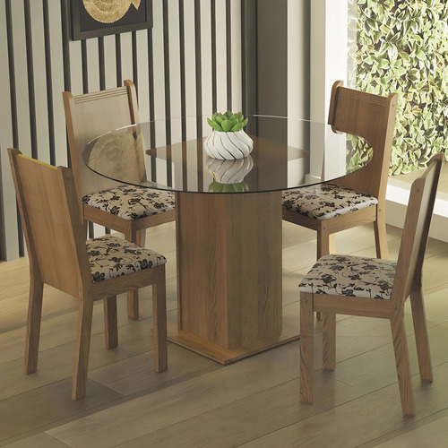 Conjunto Sala Jantar Débora Madesa Mesa Tamp Vidro Redon Rbm Cor Rustic/Bege Marrom