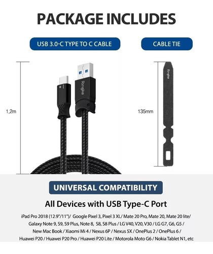 Cable Ringke Original Usb C A Usb Smart Fish Reforzado Negro