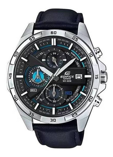 Reloj pulsera Casio Edifice EFR-556 de cuerpo color plateado, analógico, fondo negro, con correa de cuero color negro, agujas color gris y blanco, dial blanco, subesferas color negro y celeste, minutero/segundero blanco, bisel color plateado