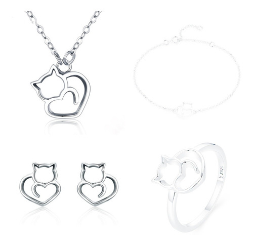 Imagem 1 de 7 de Colar E Brinco Feminino Em Prata 925 Gato - Jerry