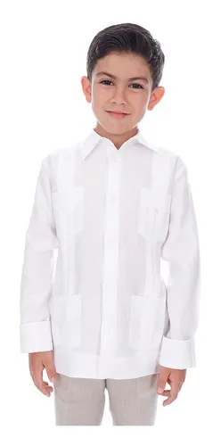 Abito Guayabera Niño De Lino Manga Larga Color Blanco Mod. Tradicional 100% Lino, Guayabera Yucateca Para Niño | Meses sin intereses