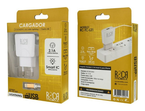 Cargador Smart De Pared Roca 2.1a Lightning iPhone 1 Usb Color Blanco