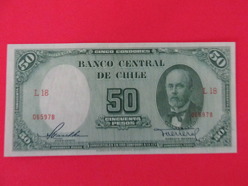 Billete Chile 50 Pesos Maschke - Herrera Año 1958 Unc Escaso