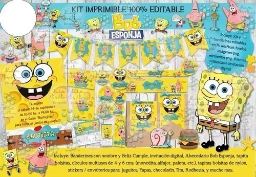 Kit Imprimible Bob Esponja Cumpleaños, Fiesta Candy Bar