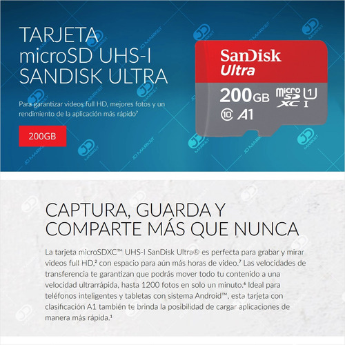 Imagen 2 de 5 de Tarjeta Micro Sdxc 200gb Sandisk Ultra, C10, U1, A1, 100mb/s
