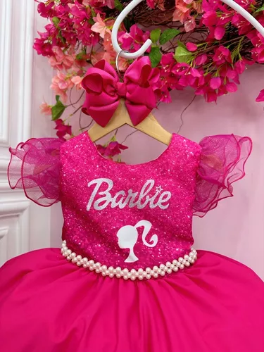 Vestido Infantil Barbie Princesa Rosa Chiclete com Cinto