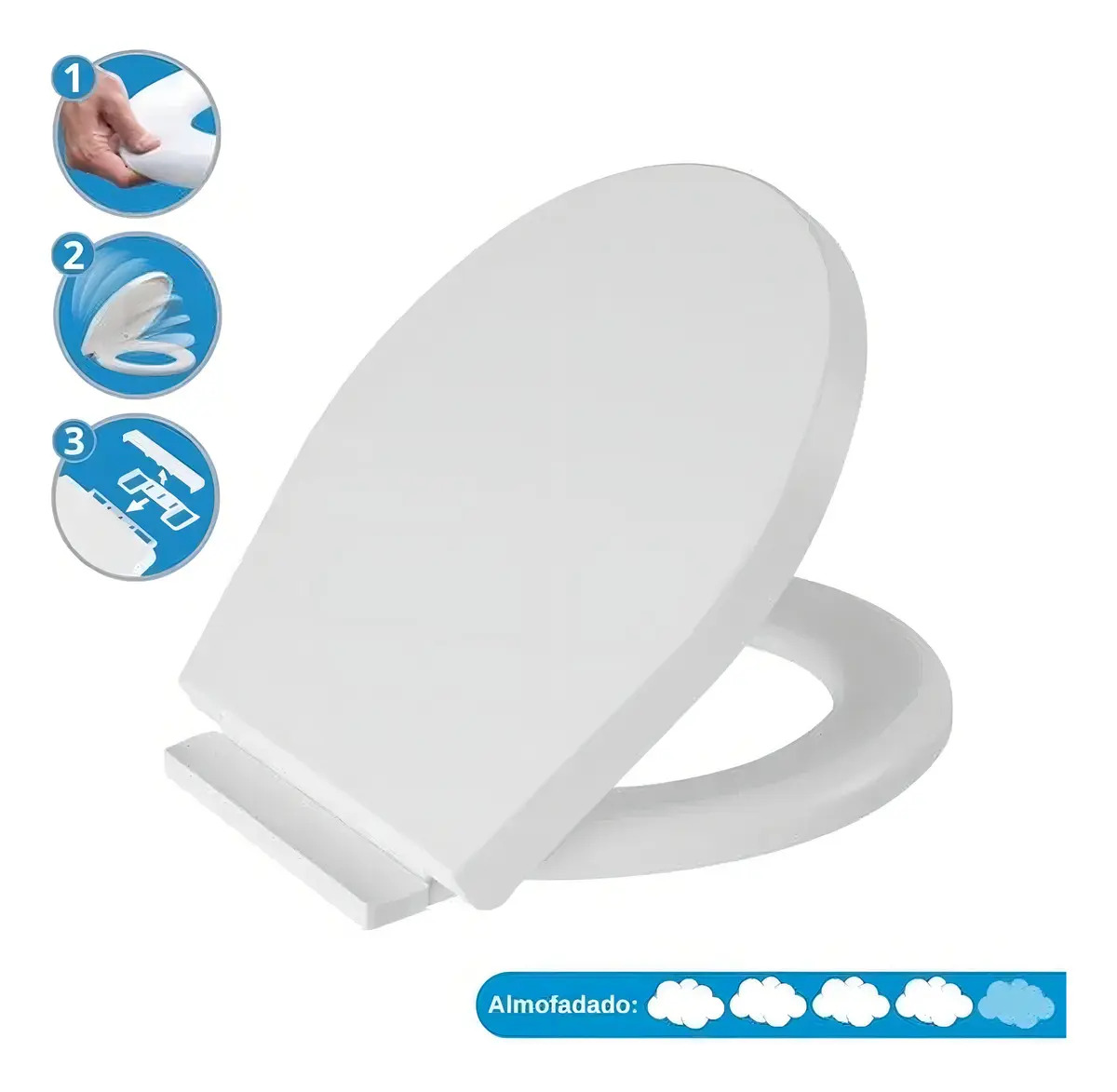 Assento Sanitário Oval Universal Astra Branco Almofadado Soft Close Click Removível Tampa Vaso Sanitário Fechamento Suave 3 em 1