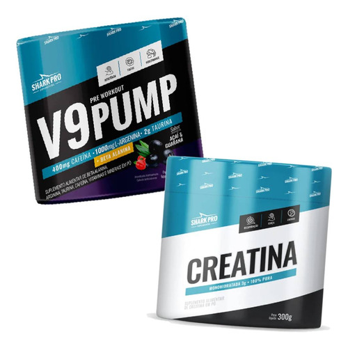 Pré Treino Forte V9 Pump 300g + Creatina Pura 300g Shark Pro