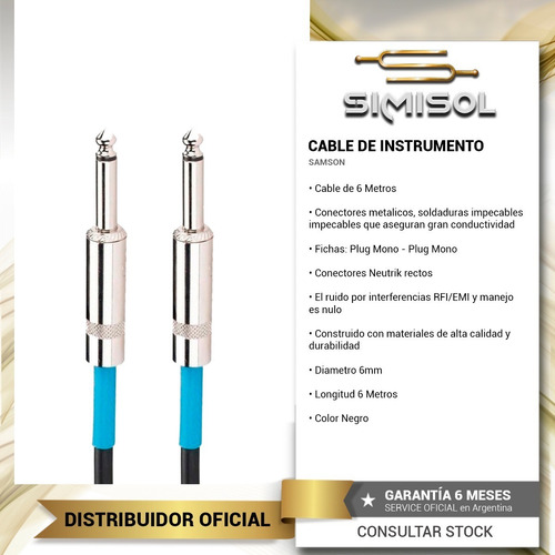 Imagen 2 de 5 de Cable Plug 6 Metros Samson Neutrik Guitarra Teclado Full