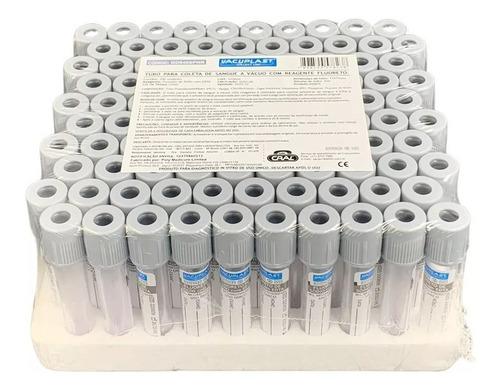 Tubo De Coleta Vácuo 2ml Fluoreto De Sódio Cinza C/100