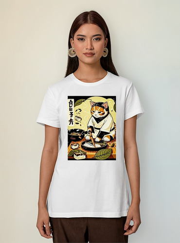 Polera Blanca Mujer Cx Gato Chef Cocinando Sushi Alegría